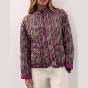 Green Pink Paisley Striped Quilted Collarless Zip Front Jacket